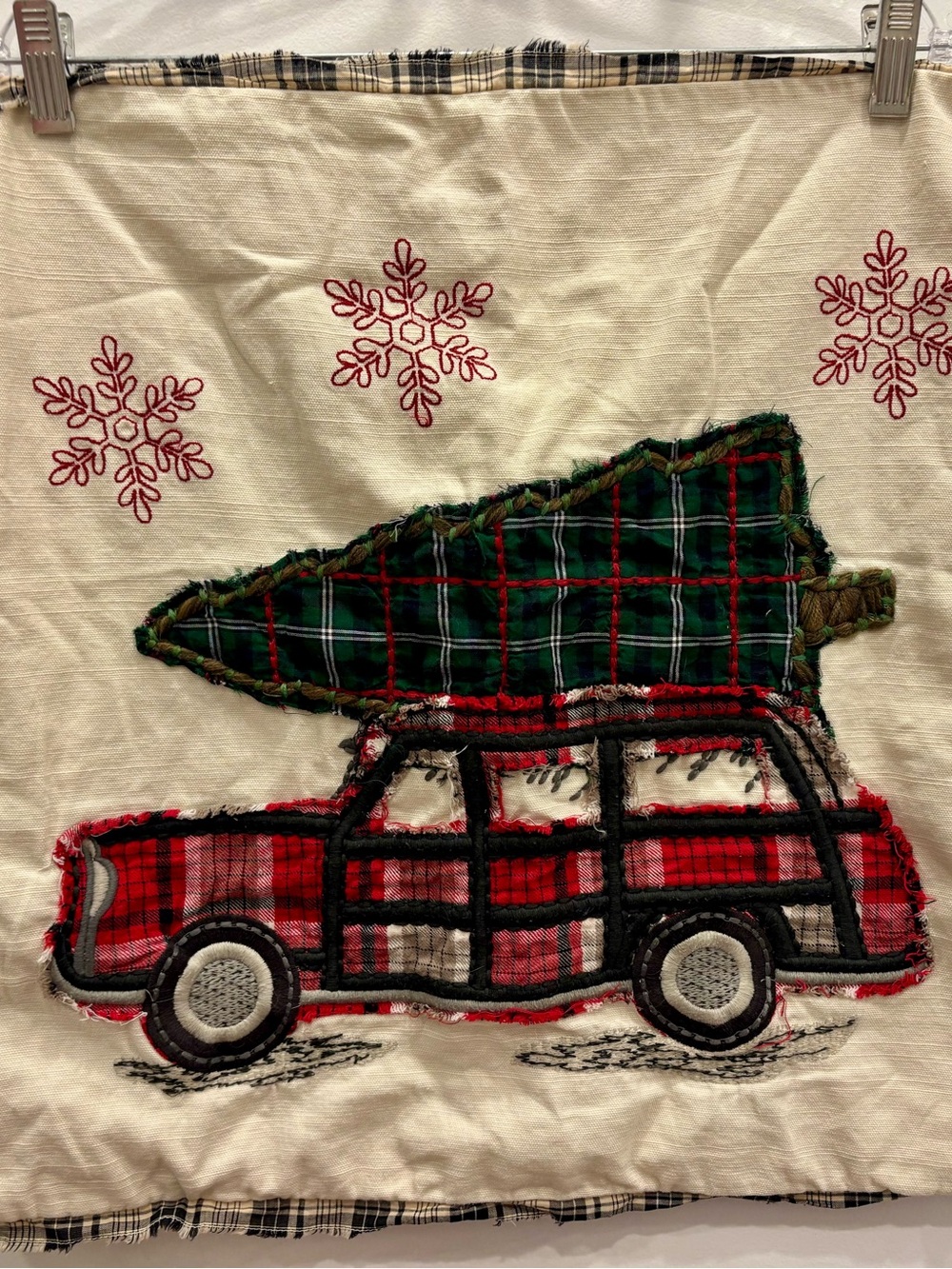 Pottery Barn Red Plaid Station Wagon with Green Plaid Tree Holiday Pillow Cover